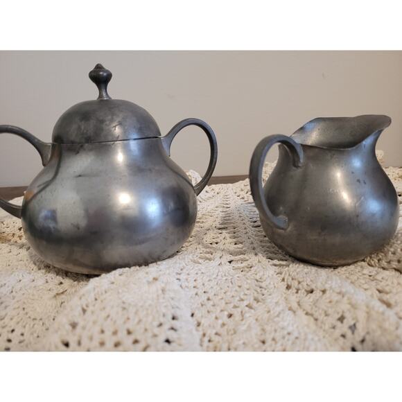Royal Holland Pewter Lidded Sugar Bowl & Creamer Set Vintage 1950s - Picture 3 of 6